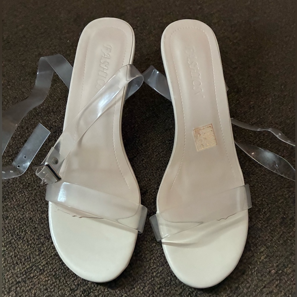 Fashion Nova White Clear Strap Tie Slide Sandals